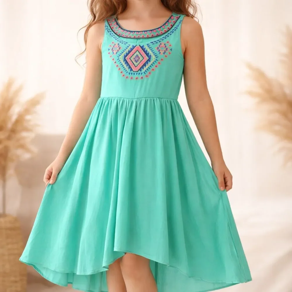 GB Girls Size 8 Dress Turquoise Boho Embroidered Colorful Boutique